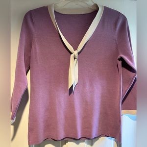 Lavender Cotton Lightweight Sweater with V neck and bow accent